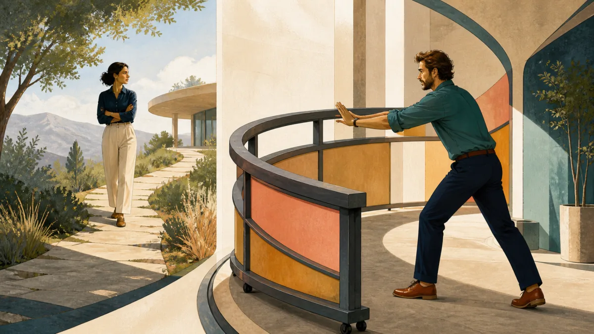 One professional follows a different path while another actively redirects a shared movable rail