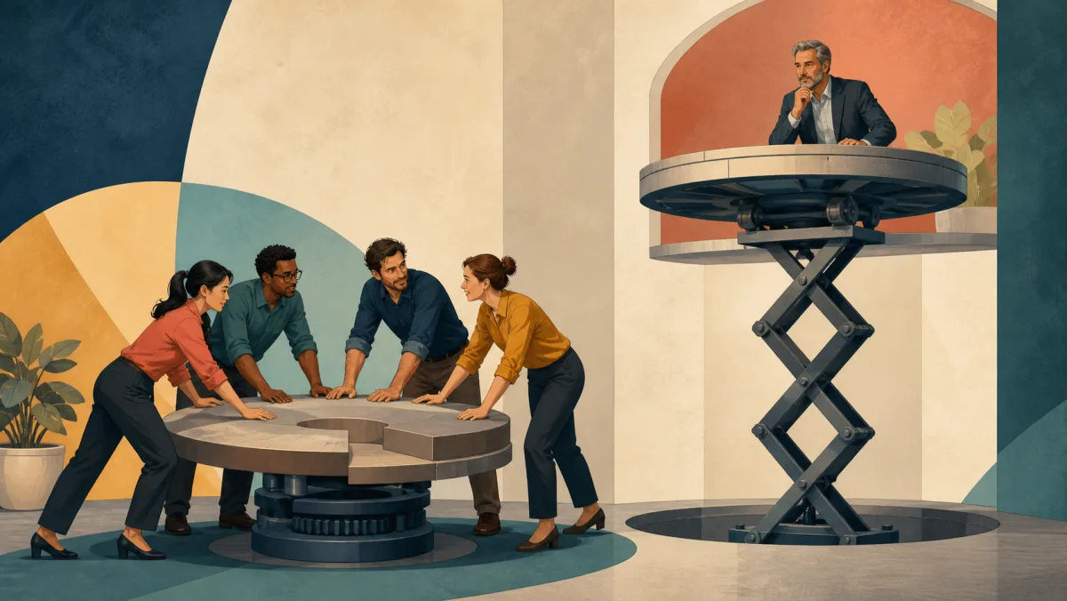 A team resolves a movable issue locally while a separate review platform rises to a senior colleague
