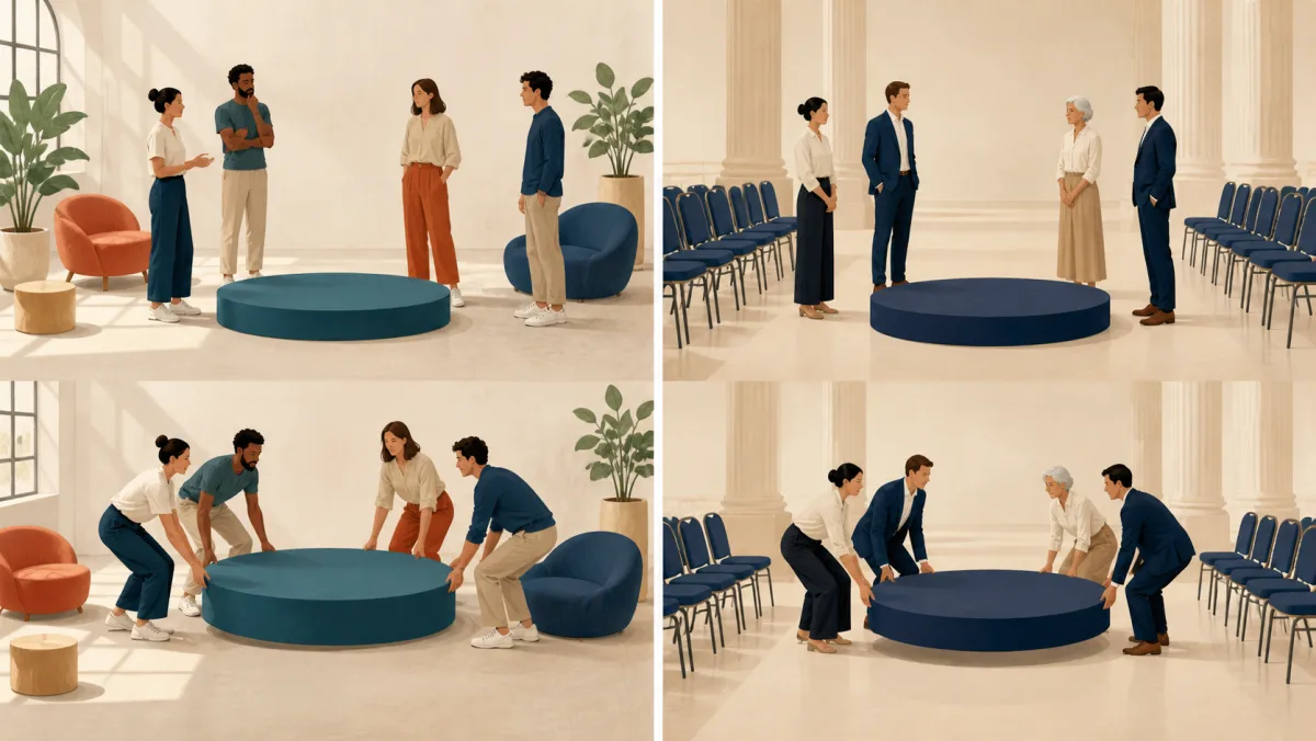 Teams move the same event platform later in an informal studio and a formal hall