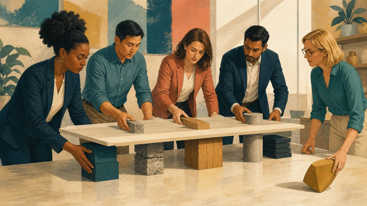 A team supports a proposal platform with concrete blocks while an unsupported piece remains aside