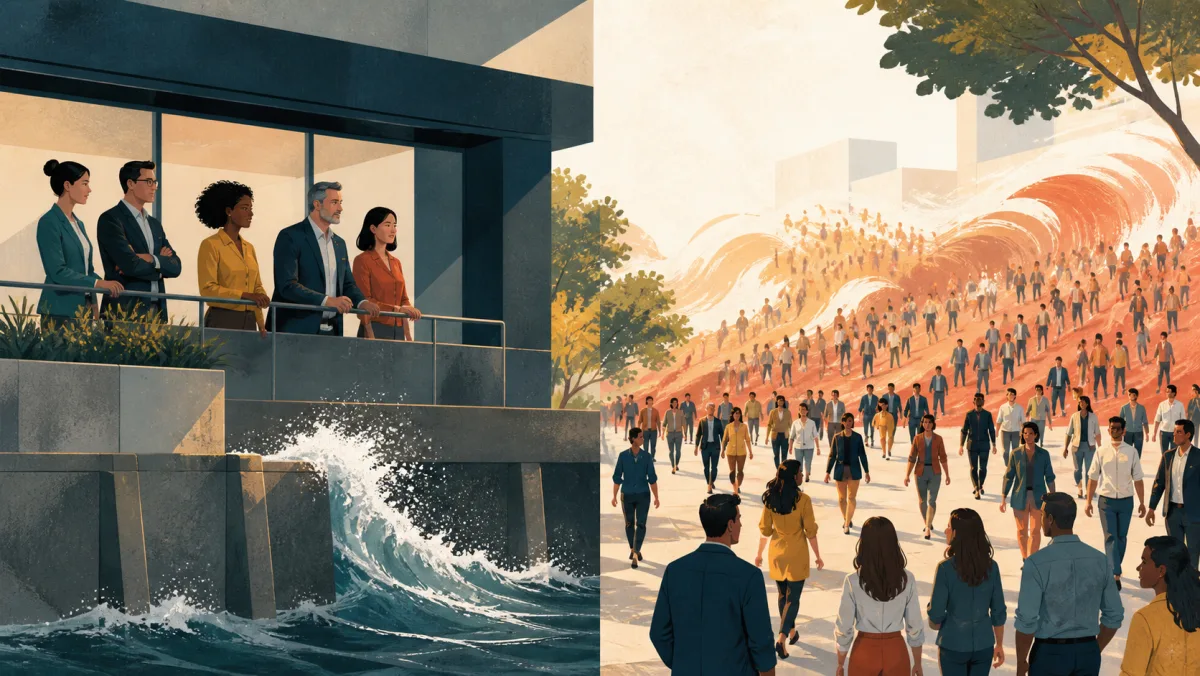 A reinforced workplace faces a manageable wave beside a broad public surge