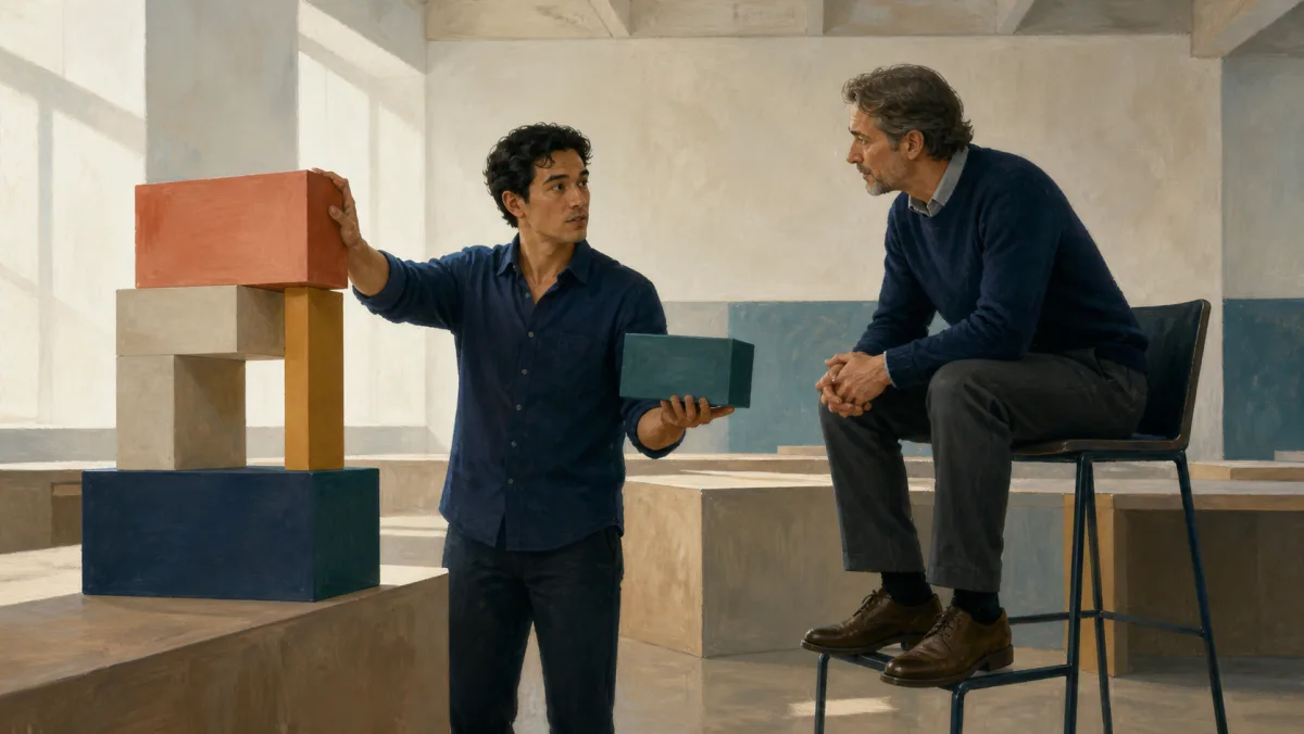 A professional questions one structural block while a senior colleague listens attentively