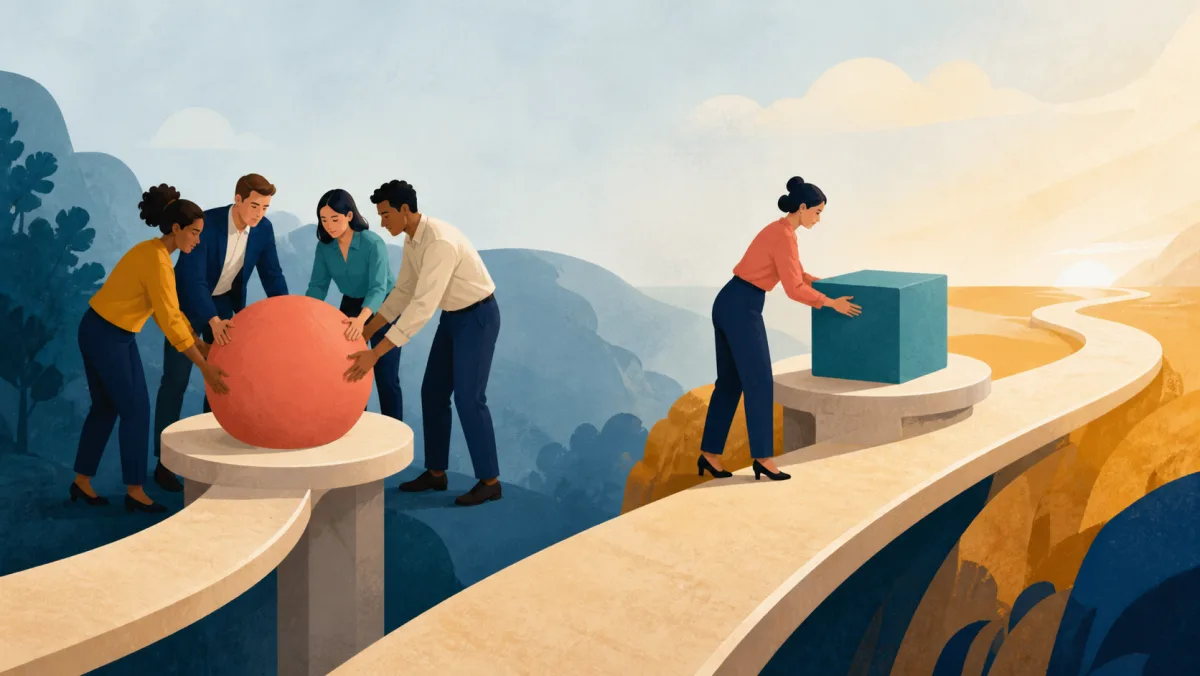 A team pauses a project object on a side platform while another object moves toward a prepared future station