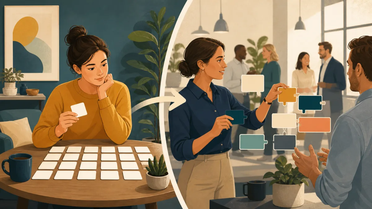 A learner reviews uniform study tiles while a professional fits varied phrase pieces into a workplace conversation