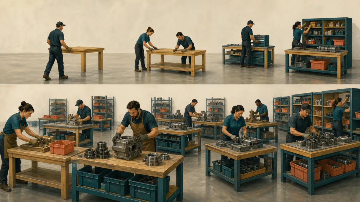 A workshop grows from one workbench into a fully staffed production floor