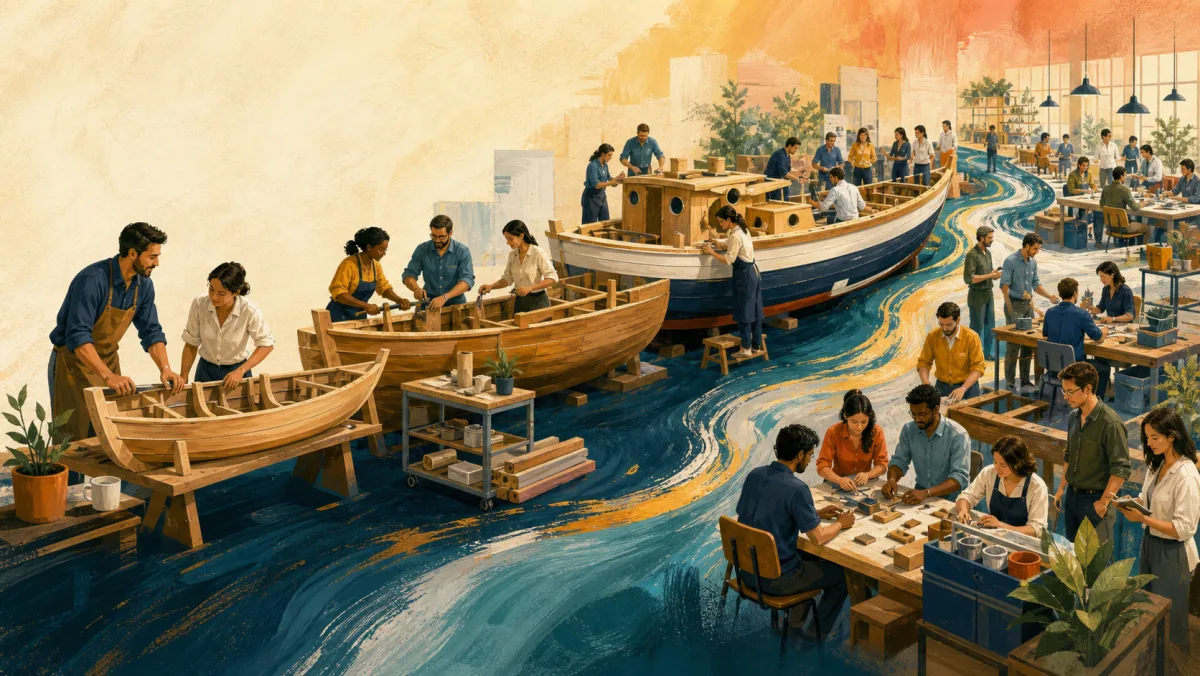 A workshop grows from a small boatbuilding station into a large active production space