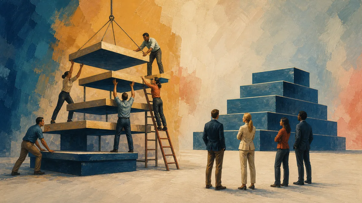 A team actively raises work platforms beside a completed stepped structure