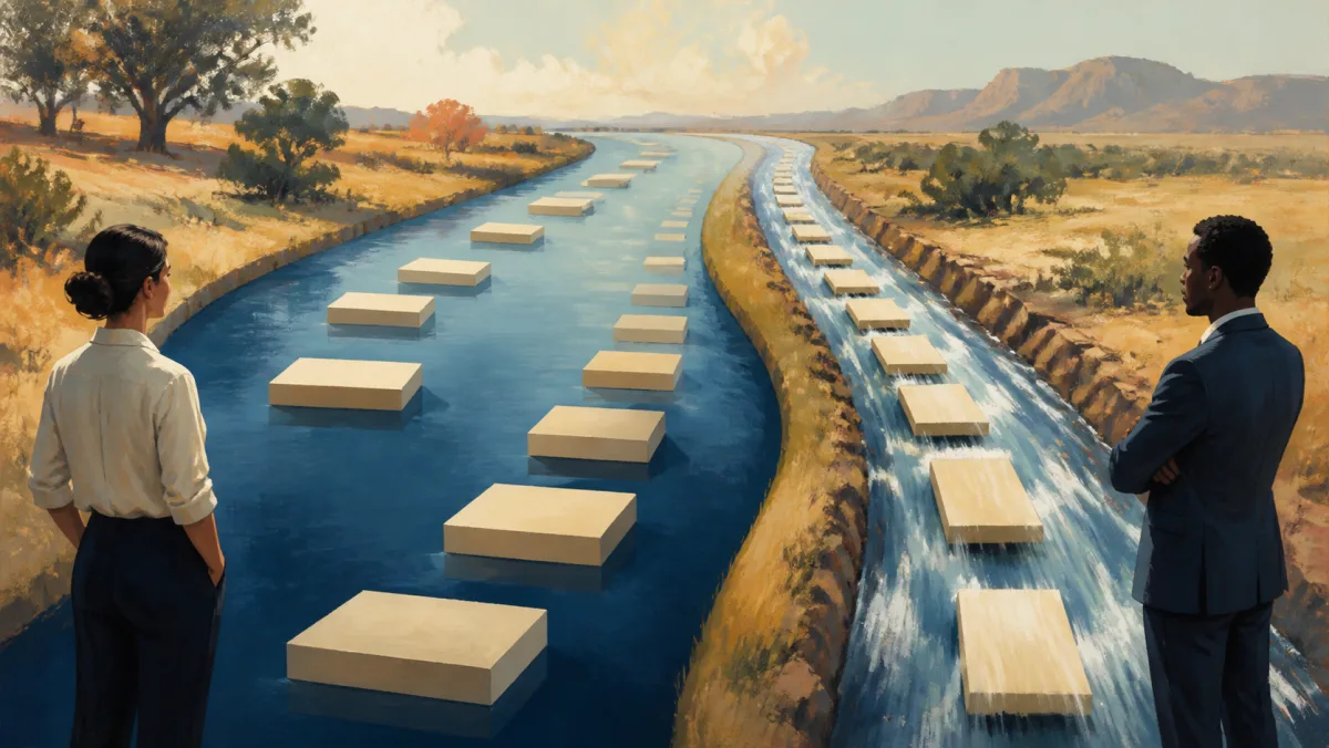A broad channel carries increasing capacity beside a narrower faster-flowing channel