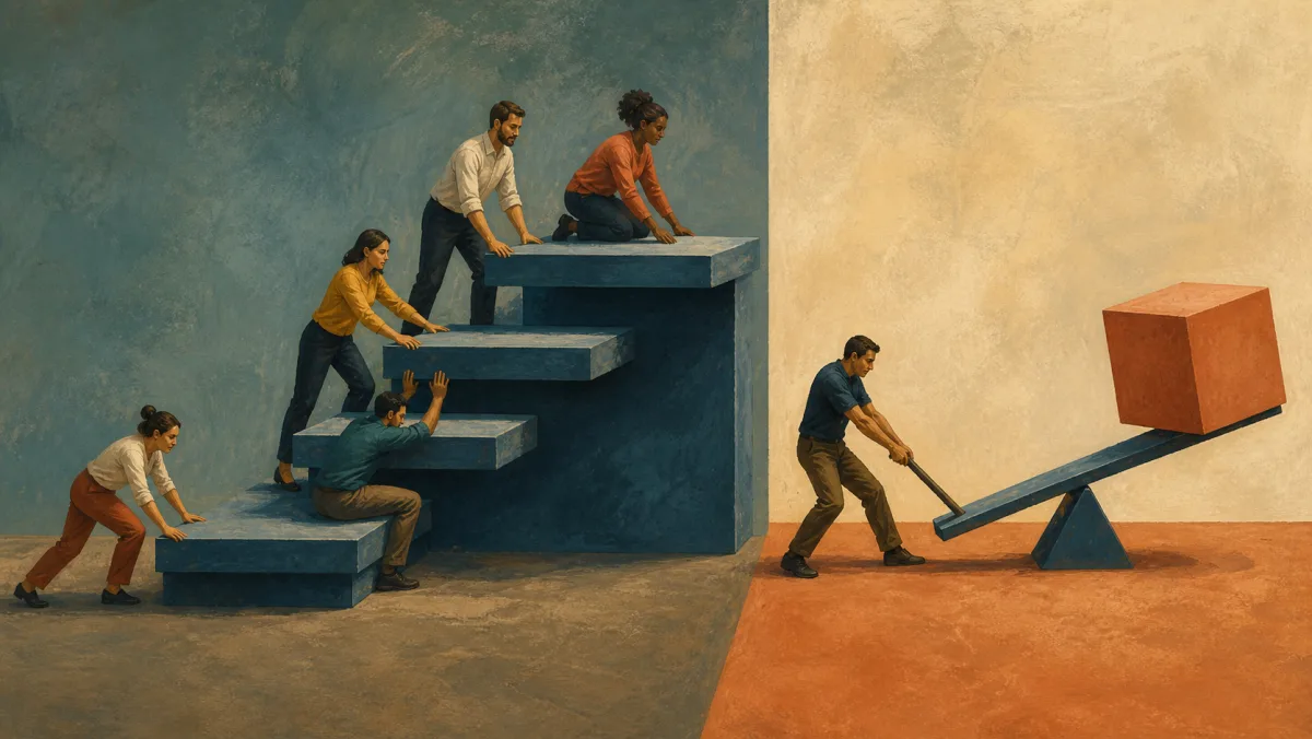A team builds upward through stages while a lever gives one block a quick lift