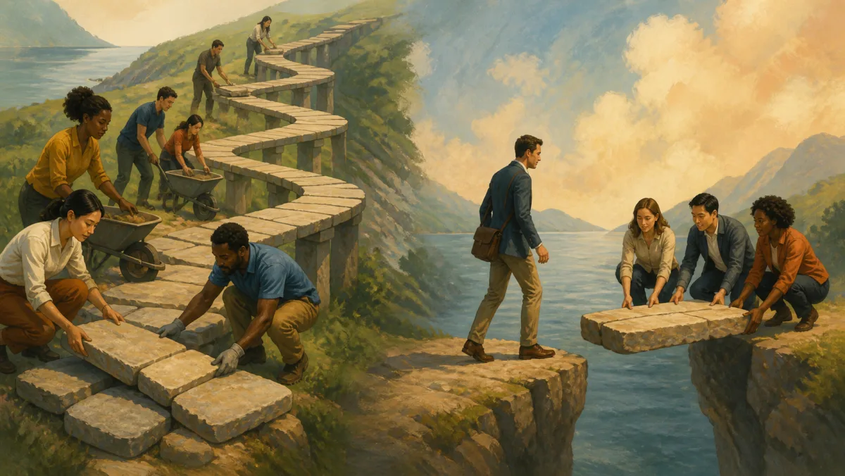 A team builds a long productivity path while colleagues bridge one specific gap