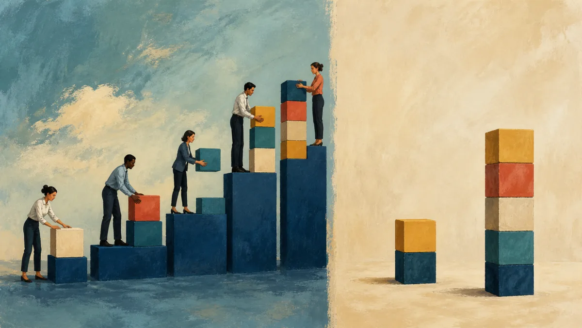 A managed sequence grows through several stages beside two simple stacks of different sizes