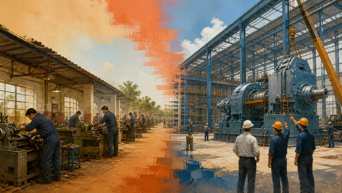A busy small workshop contrasts with a much larger production system under construction