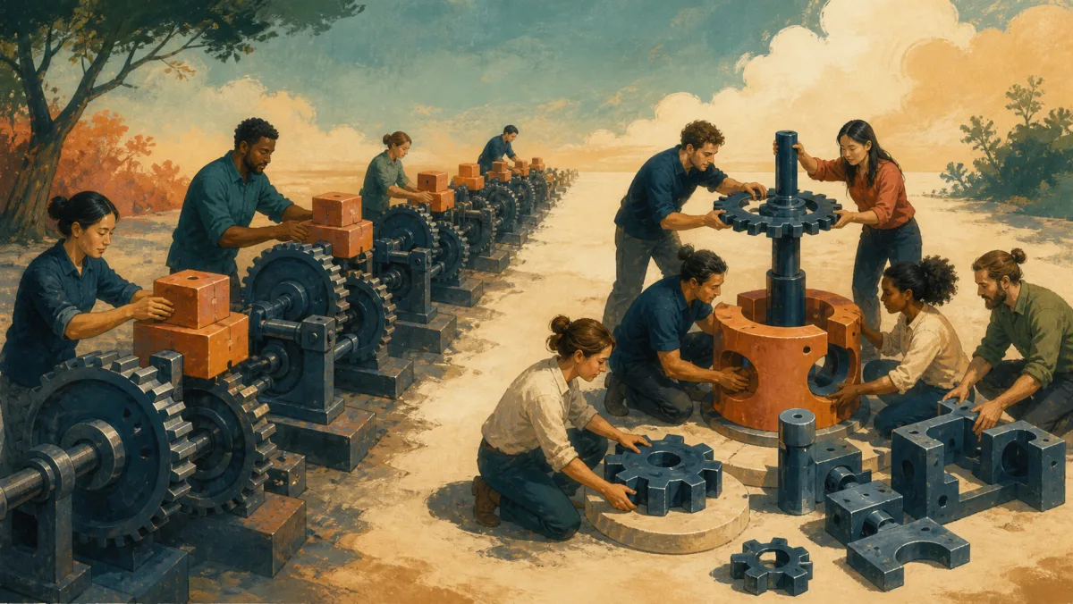 An established production line grows while a team assembles a completely new mechanism