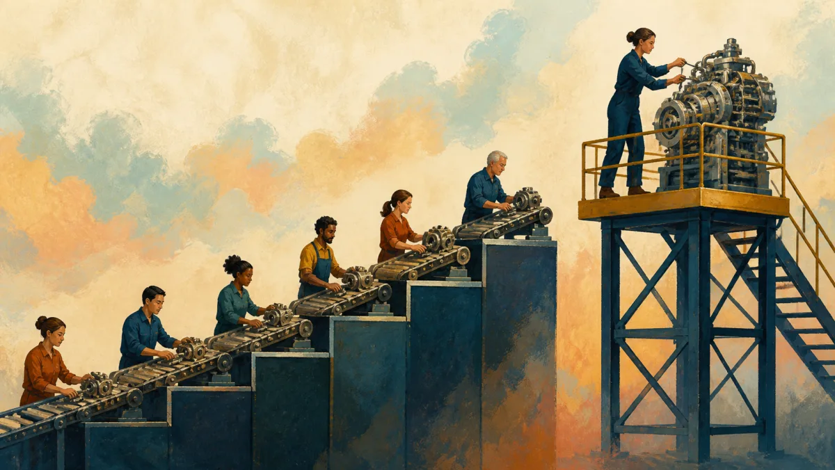 A production line grows in stages while one professional takes responsibility at its highest station