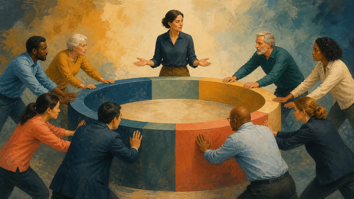 A facilitator observes calm balanced counterpressure around a shared circular structure