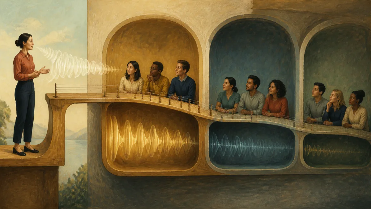 A speaker sends vibrations of different strengths through successive audience chambers