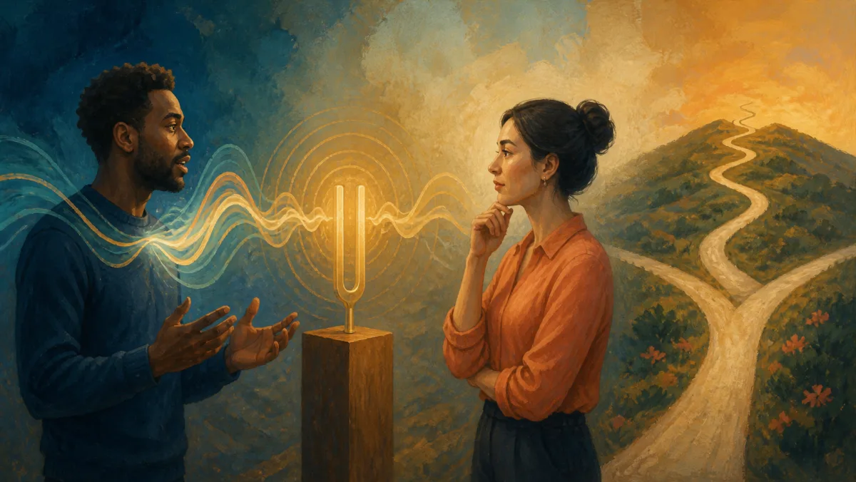 A message activates a tuning fork while the listener still faces two different paths