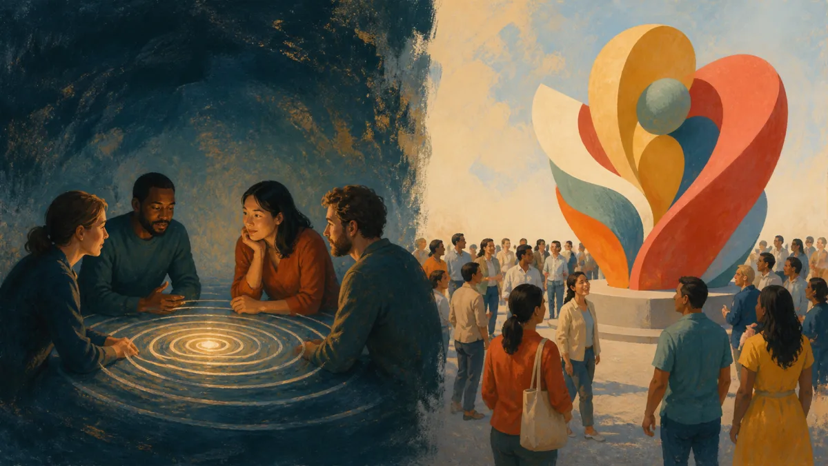 A small group connects deeply around a ripple while a large crowd gathers around a bright sculpture