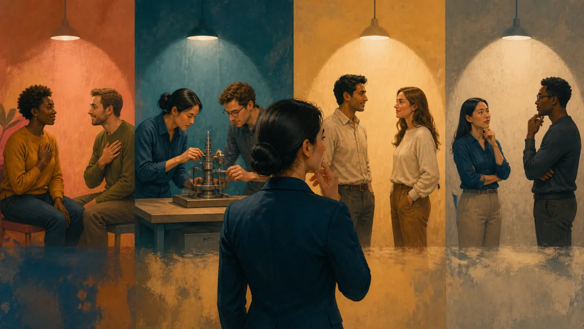 A professional considers four scenes showing emotional connection, mechanical alignment, visual appeal, and careful observation