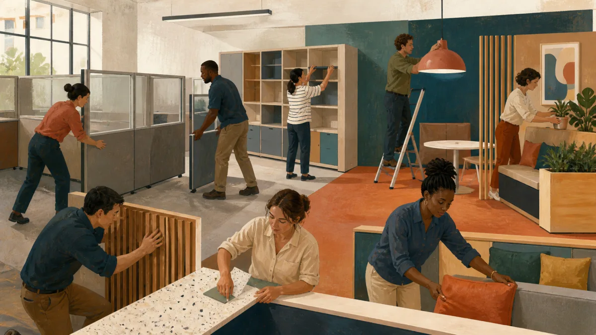 A team substantially renews a familiar office with new partitions, lighting, furnishings, and plants