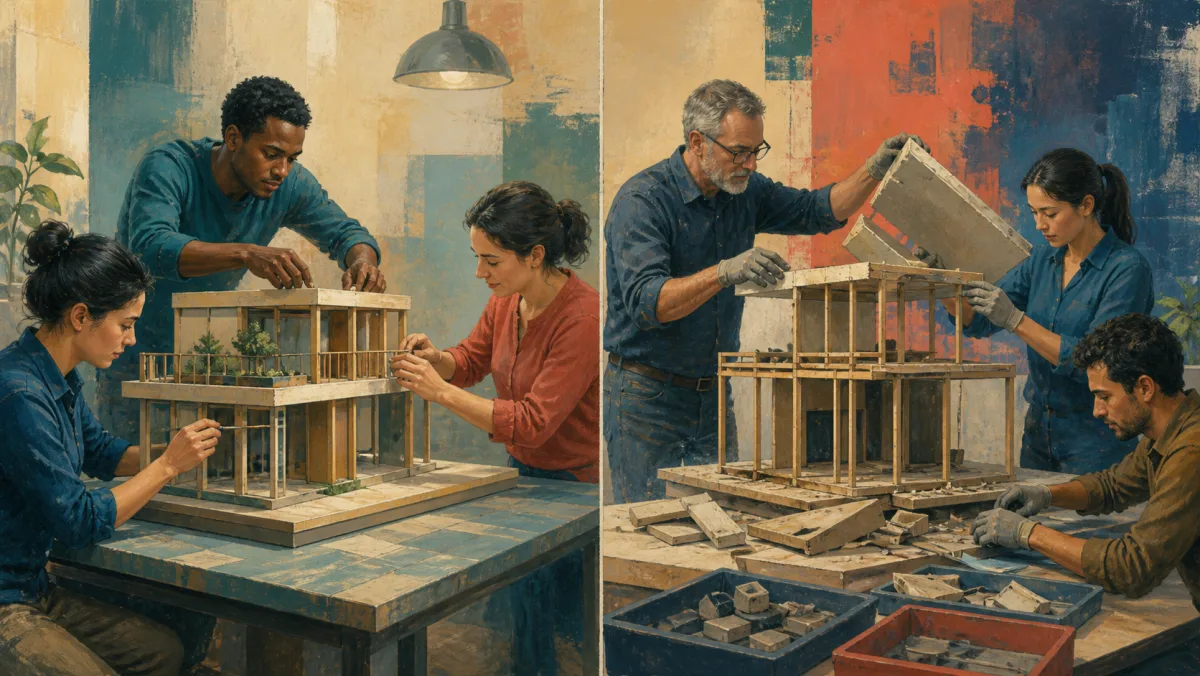 Teams improve an existing building and rebuild another structure from its exposed frame