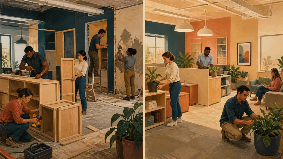 A split office scene contrasts substantial construction with a light refresh using color and plants