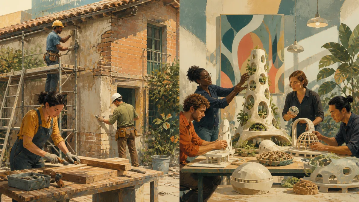 A practical building renovation contrasts with a team exploring radically different future structures