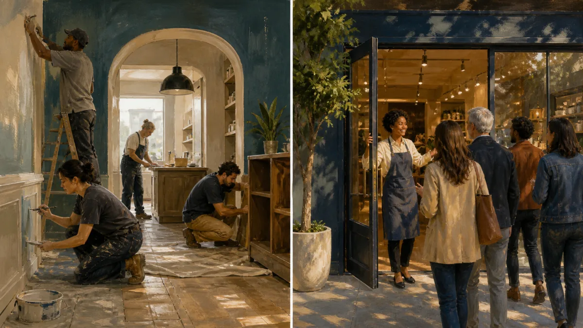 A shop interior under renovation contrasts with its later reopening to a waiting audience