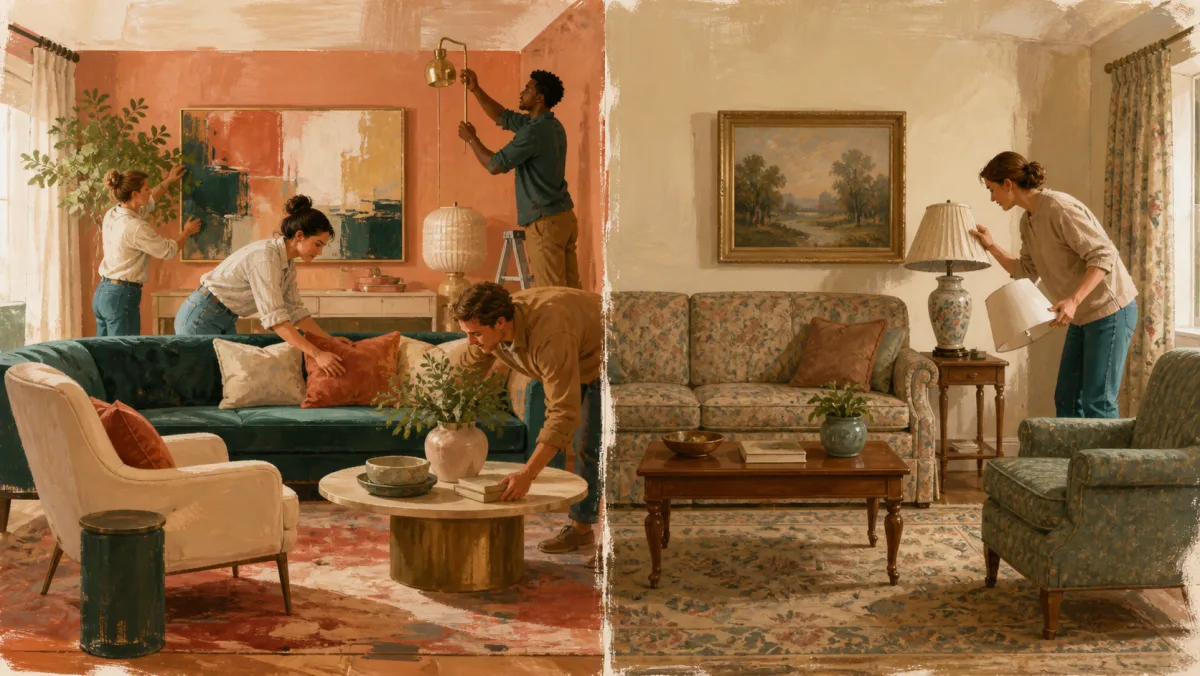 A coordinated room revamp contrasts with one person replacing a single dated lamp