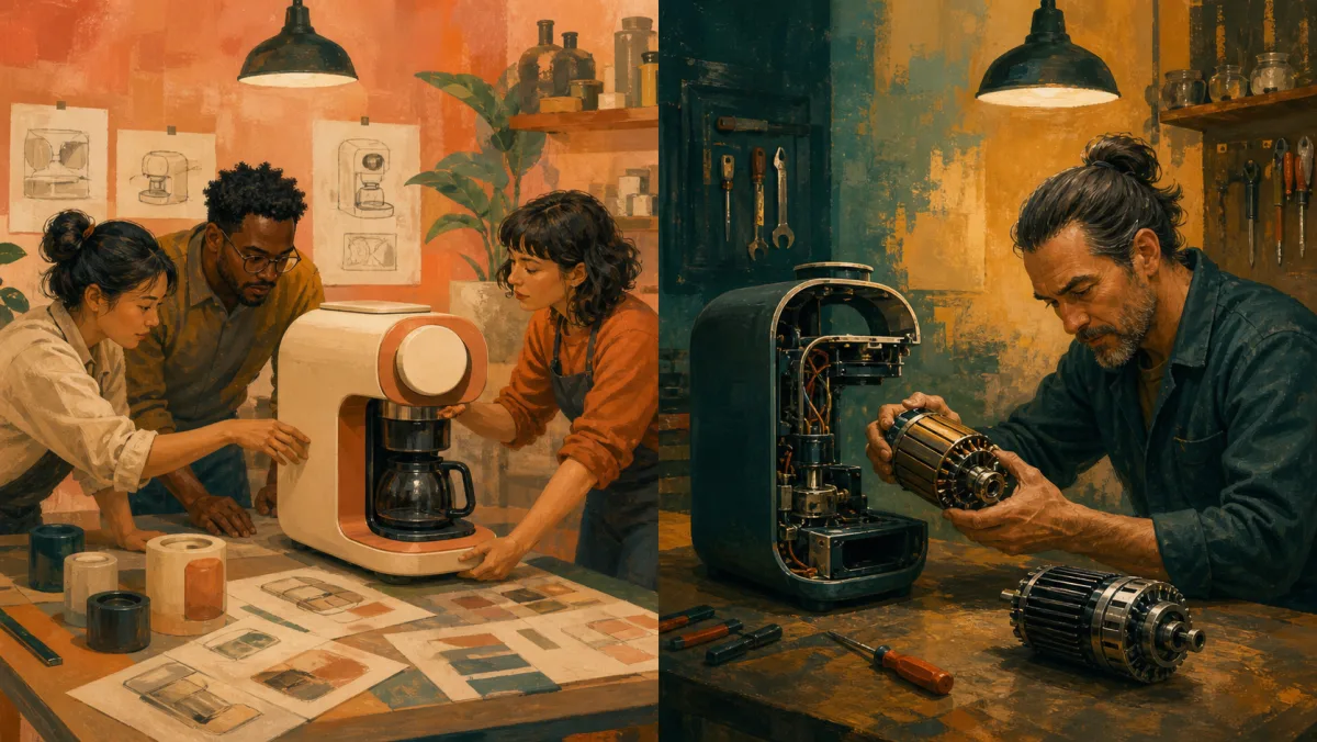 A team broadly renews a product while a technician replaces one component with a better part