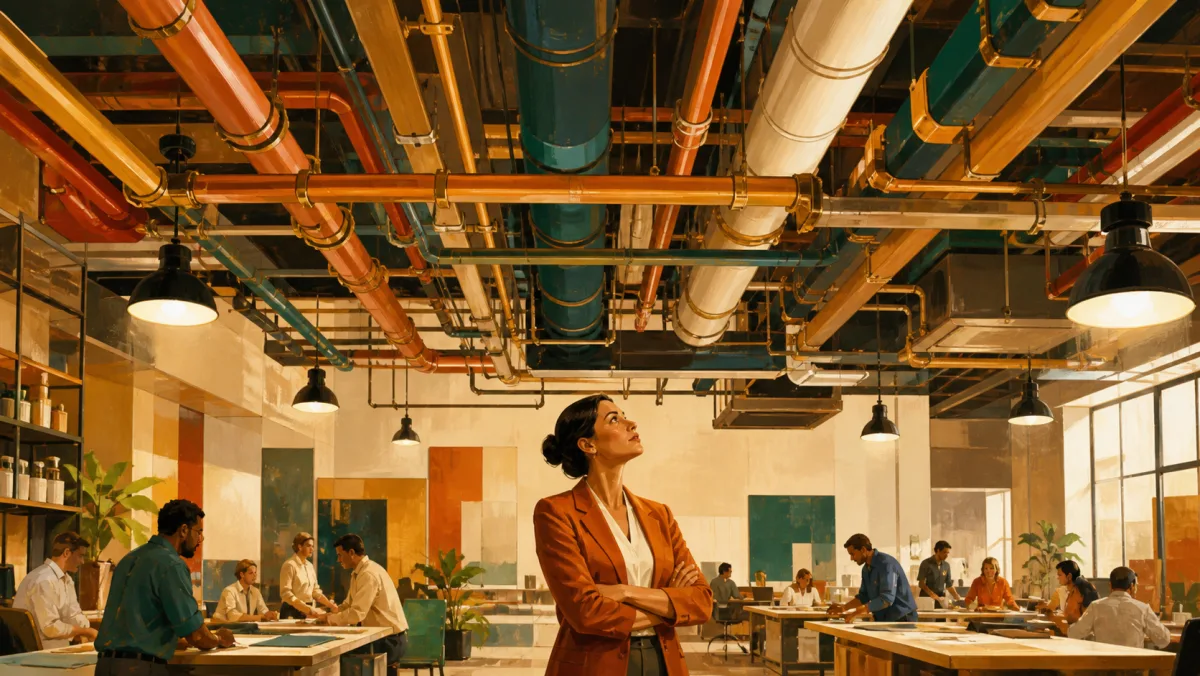 An operations manager assesses the network of pipes, lighting, and support systems above a busy workplace
