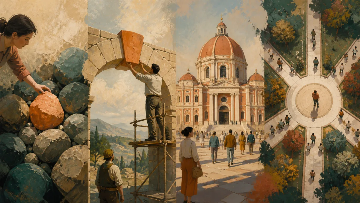 Four scenes depict a standout detail, a supporting keystone, a dominant structure, and a central hub