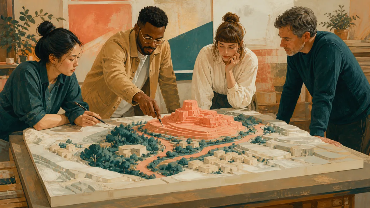 A team studies a standout coral landmark and quieter model pieces connected to their decision
