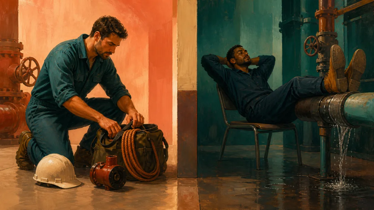 A prepared worker packs repair equipment while a complacent colleague ignores a leaking pipe