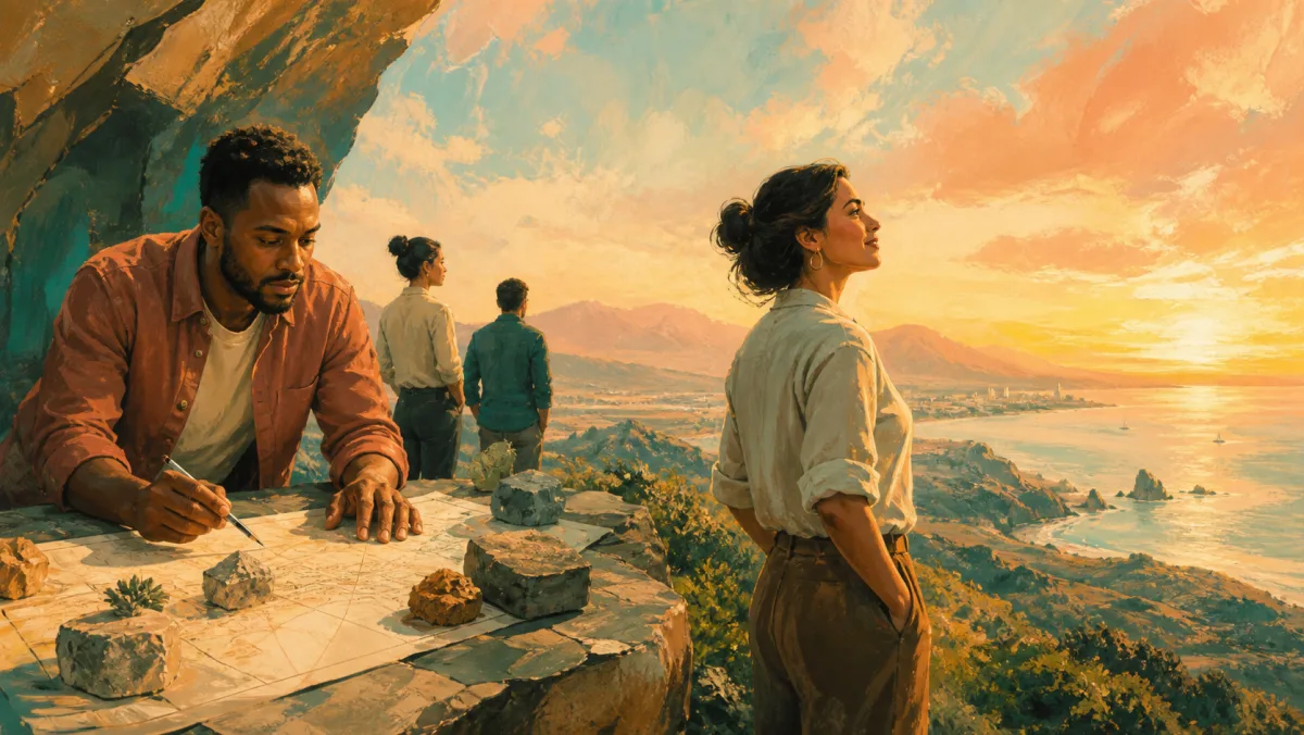 A grounded planner studies obstacles while an optimistic colleague looks toward a bright horizon