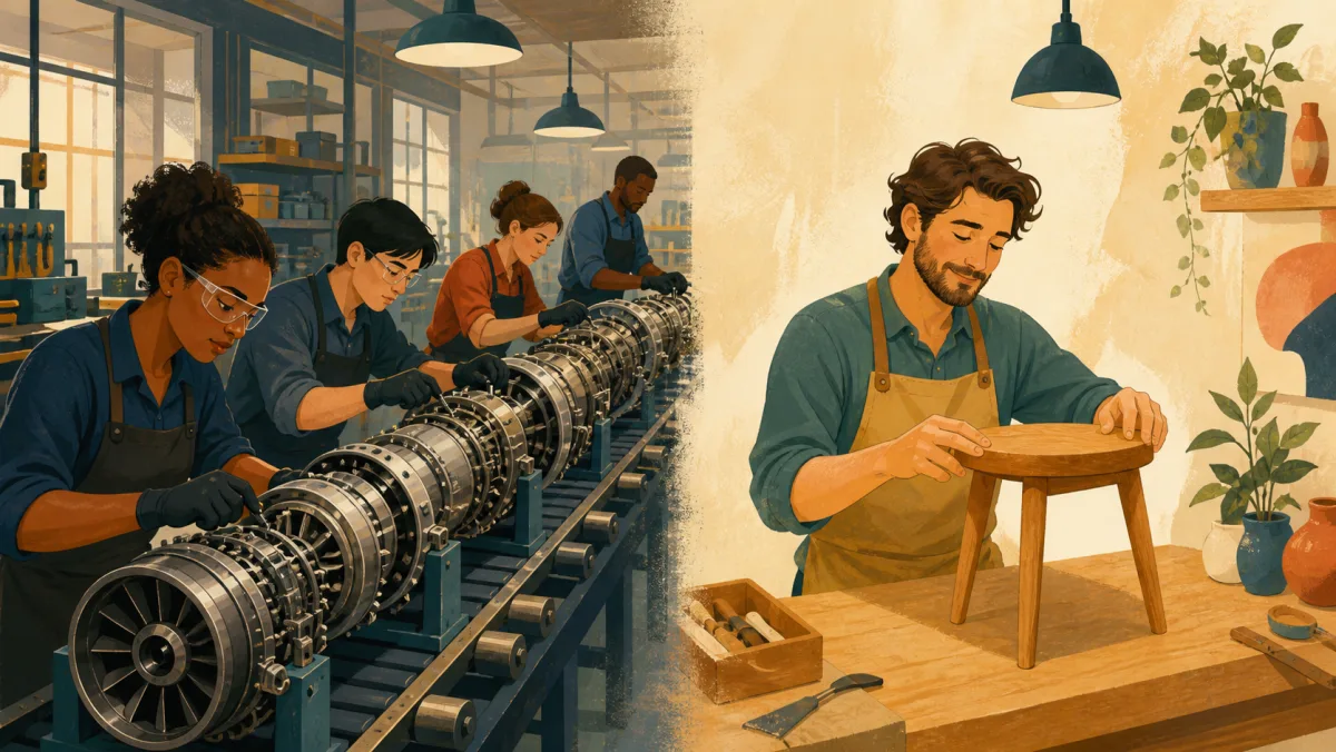 A complex continuous assembly line contrasts with a relaxed craftsperson completing a simple stool