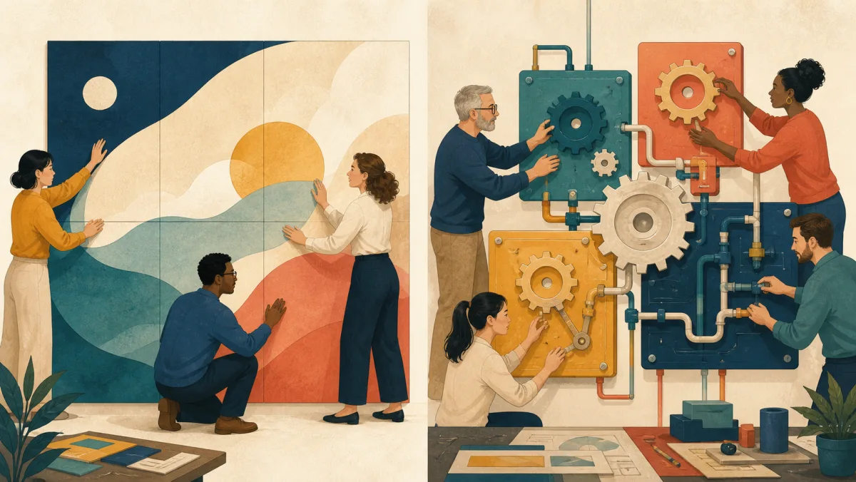 A continuous paneled artwork contrasts with distinct mechanical subsystems connected into one whole