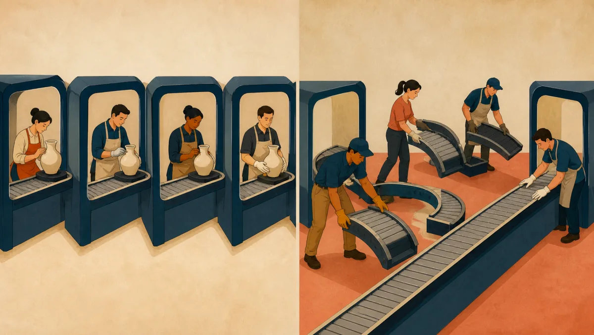 Perfectly connected production stages contrast with workers rebuilding conveyors into one direct path