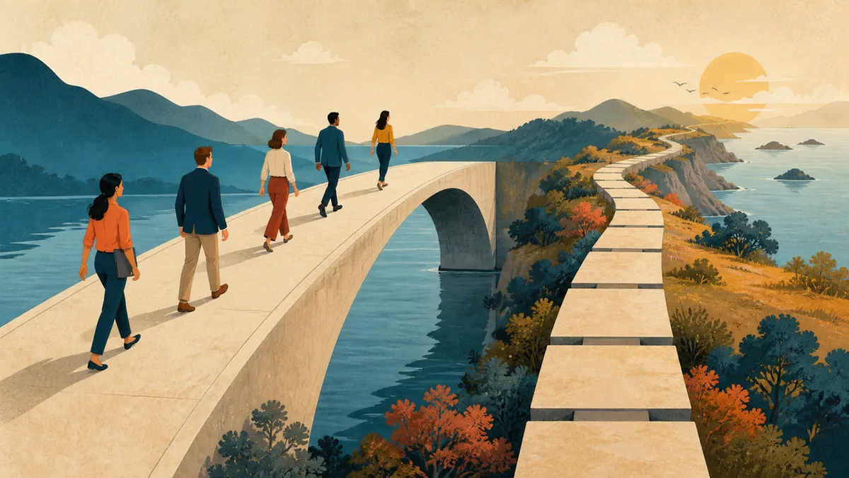 A bridge with invisible joins contrasts with a segmented coastal path that continues without blockage