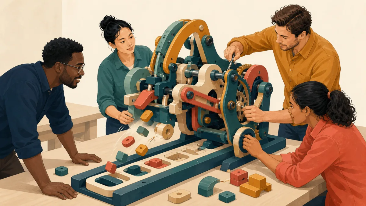 A team tests a new mechanism as loose colored pieces settle into fitted slots and reveal an adjustment
