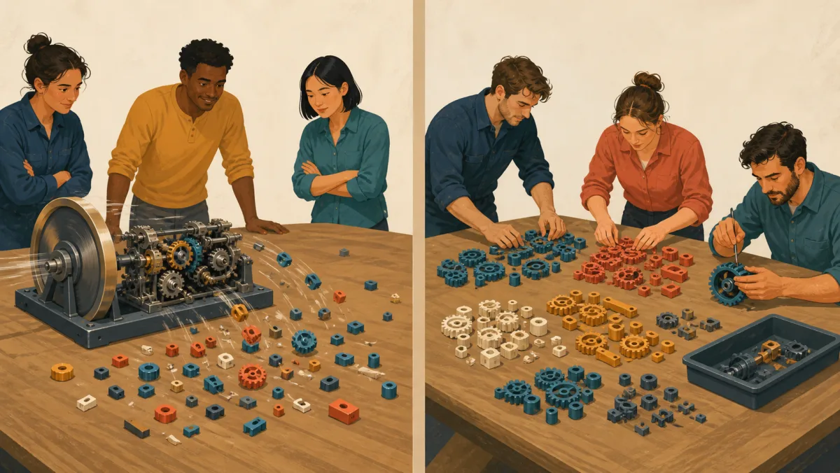 Loose parts emerge from a running mechanism while another team actively sorts parts and repairs a gear