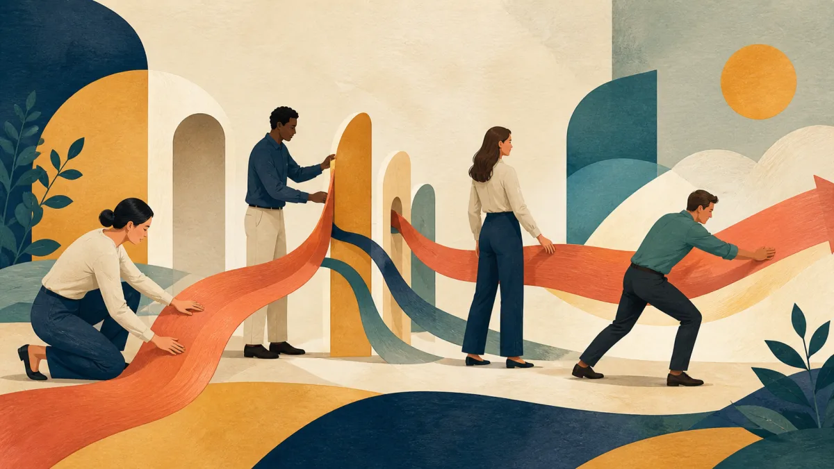 Four professionals mold, guide, carry, and propel a flowing ribbon-like path