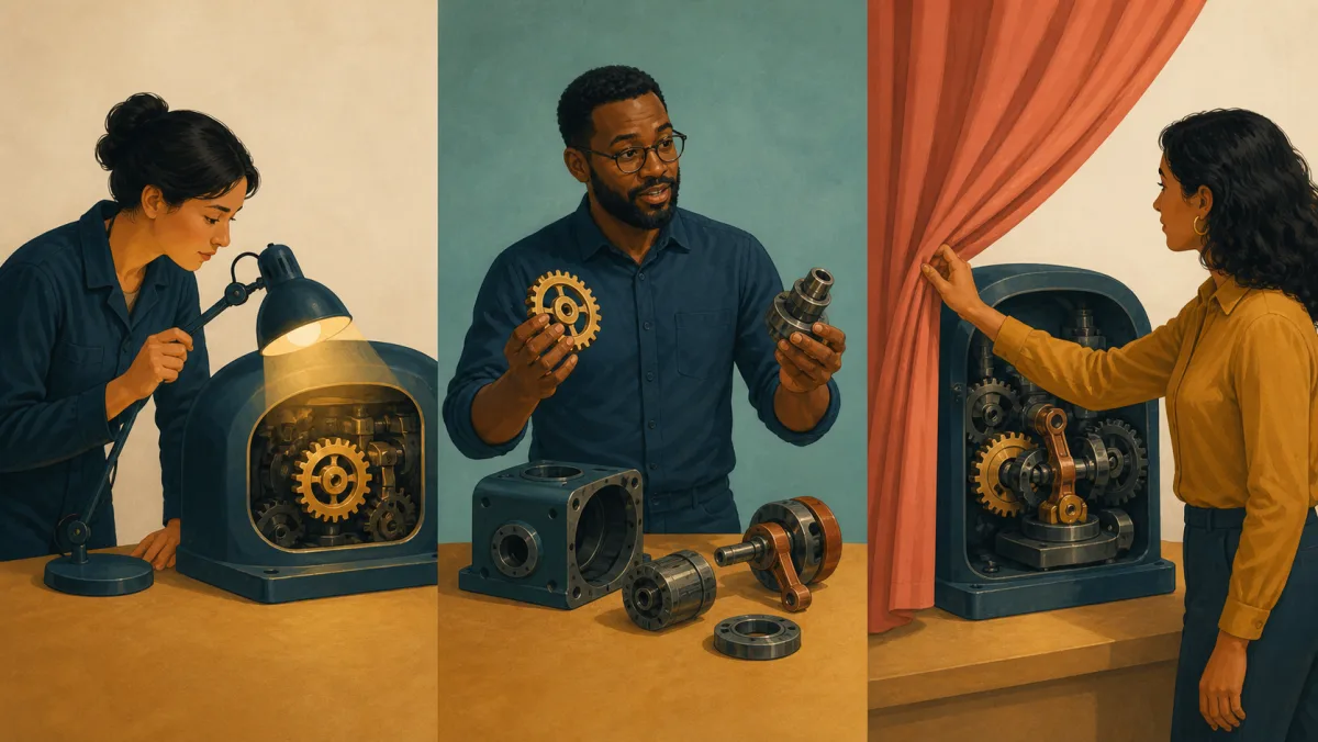 Three scenes show a lamp clarifying machinery, a person demonstrating its parts, and a curtain revealing a mechanism