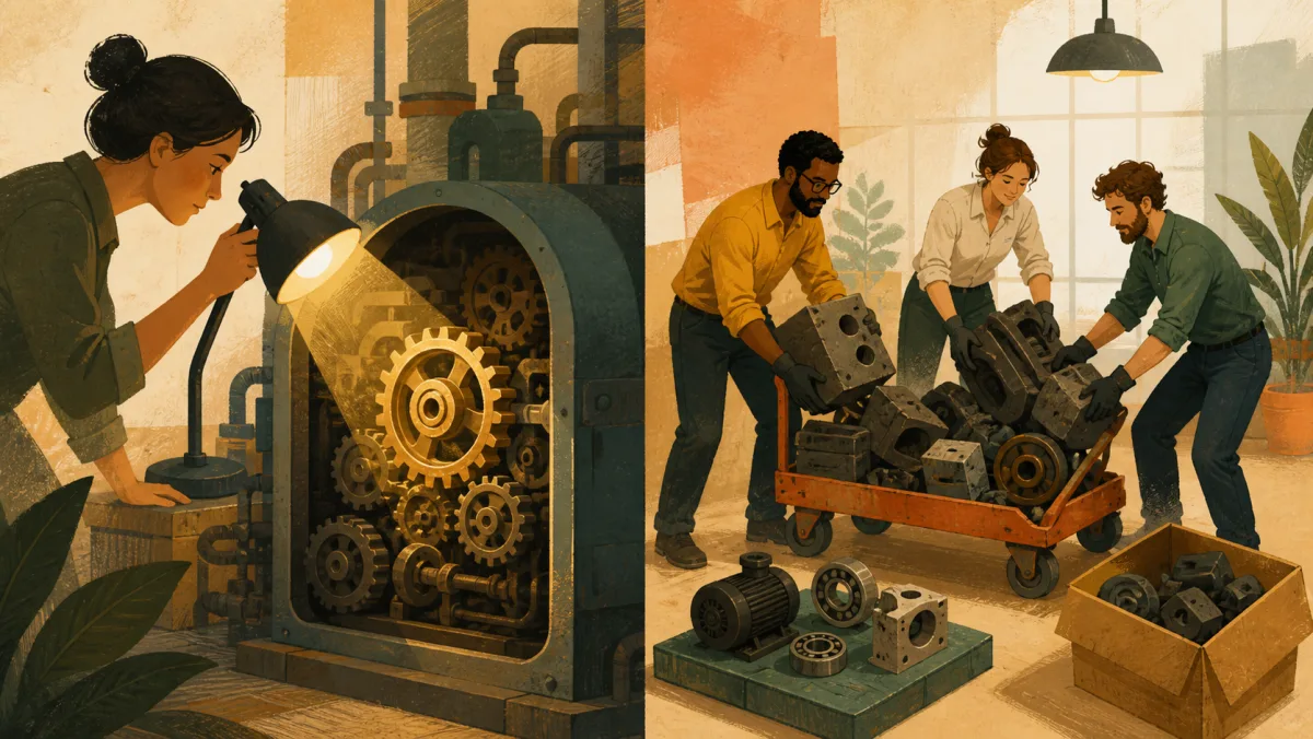 A hidden gear is illuminated while a team removes heavy unnecessary machinery from a cart