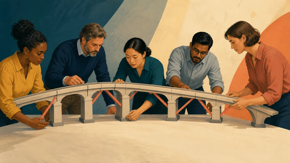 A cautious team inspects every joint and contingency brace on a connected bridge model