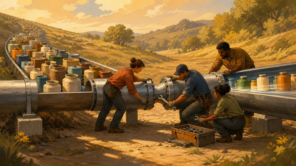 A team repairs a narrow pipe constriction before adding the many containers waiting upstream
