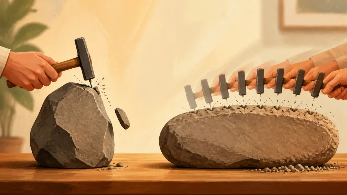 One hammer strike chips a stone while repeated small strikes gradually erode another