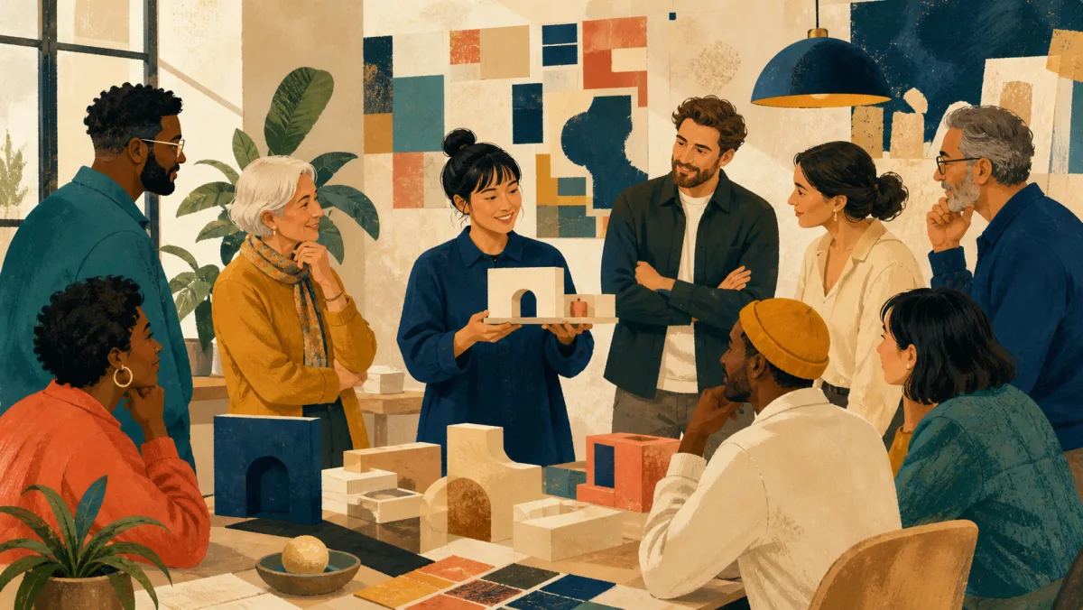 A professional circulates a small architectural prototype among an informal stakeholder group