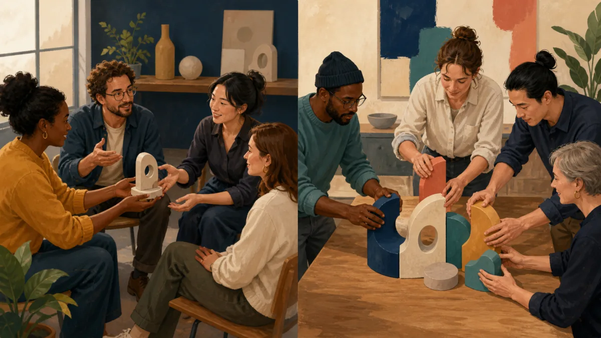 A prototype passes through informal conversations while another team fits distinct pieces into one arrangement