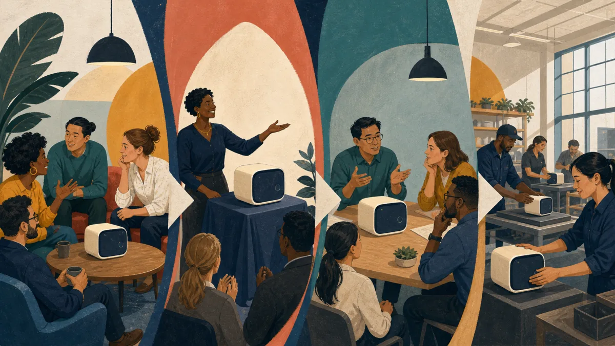 Four workplace scenes show a prototype moving from informal discussion through formal communication and staged rollout
